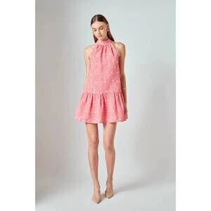 NEW ENGLISH FACTORY jacquard mock neck mini dress in red/pink